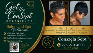 Promotional banner for Get the ConSept Experience at Salon and Spa Gallareia, with green and gold design and two portrait photos on the right.